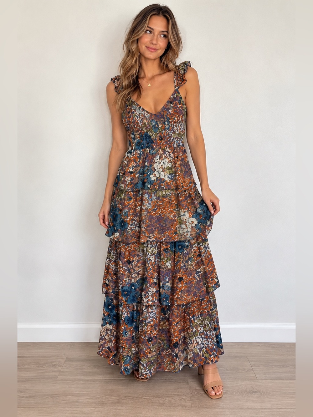 🌻 Willow & Root Tiered Floral Maxi Dress Size Small Boho Ruffle Strap 🌻